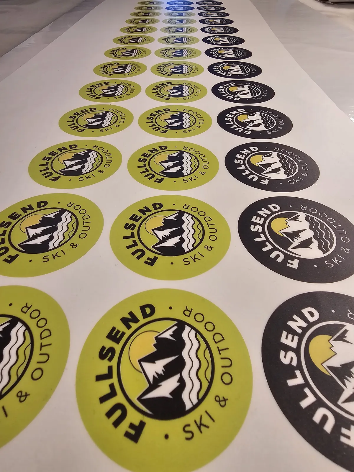 FULLSEND Ski and Outdoor round sticker sheets on Roland plot